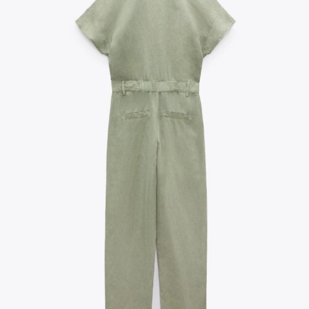 ZARA Green Khaki Linen Blend Short Sleeve Jumpsuit  SIZE S 8200/708/506 - Picture 3 of 9